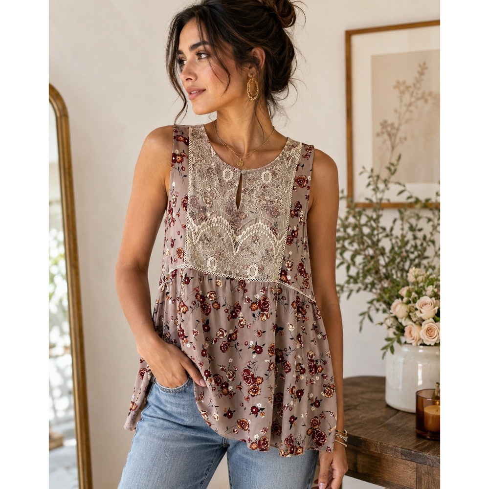 KORI Floral and Lace Sleeveless Tunic Swing Top